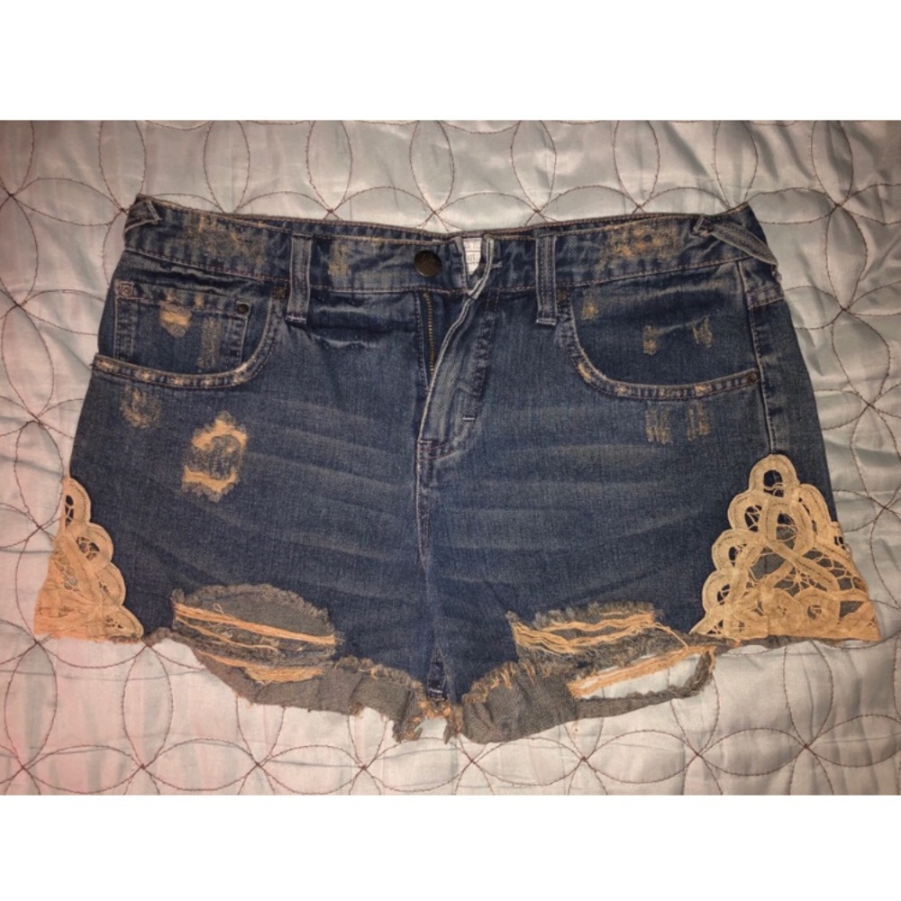 Free People Distressed Denim and Lace Shorts 28